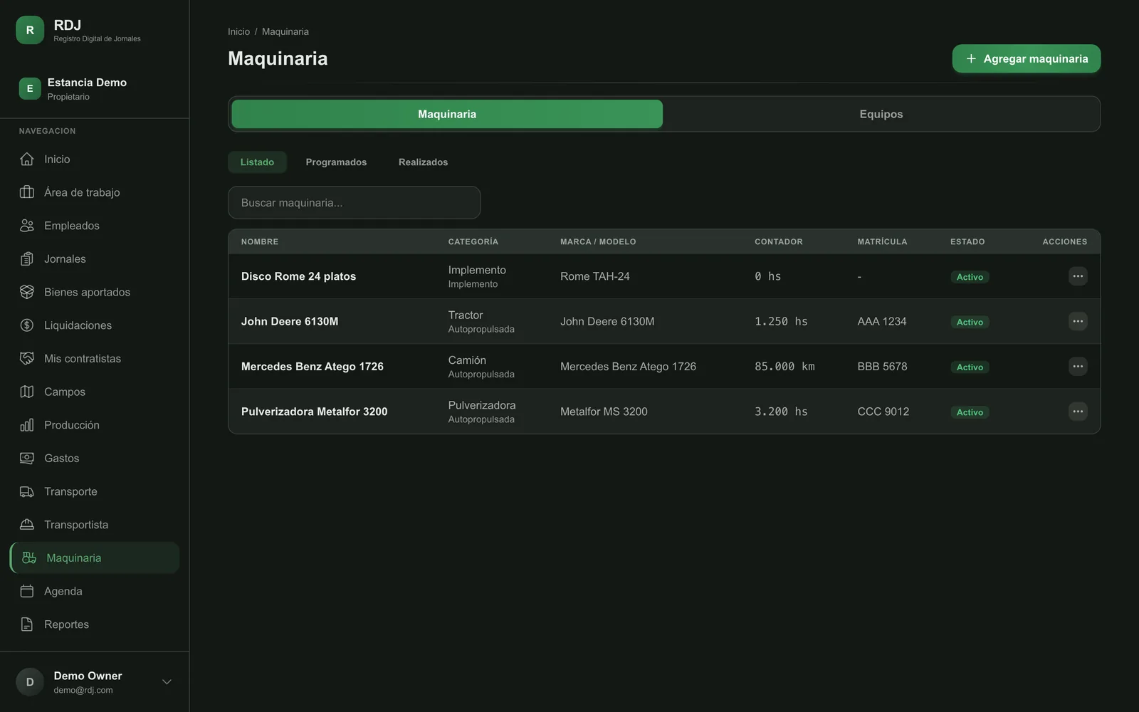 Pantalla de maquinaria: el listado de máquinas con contador, matrícula y estado