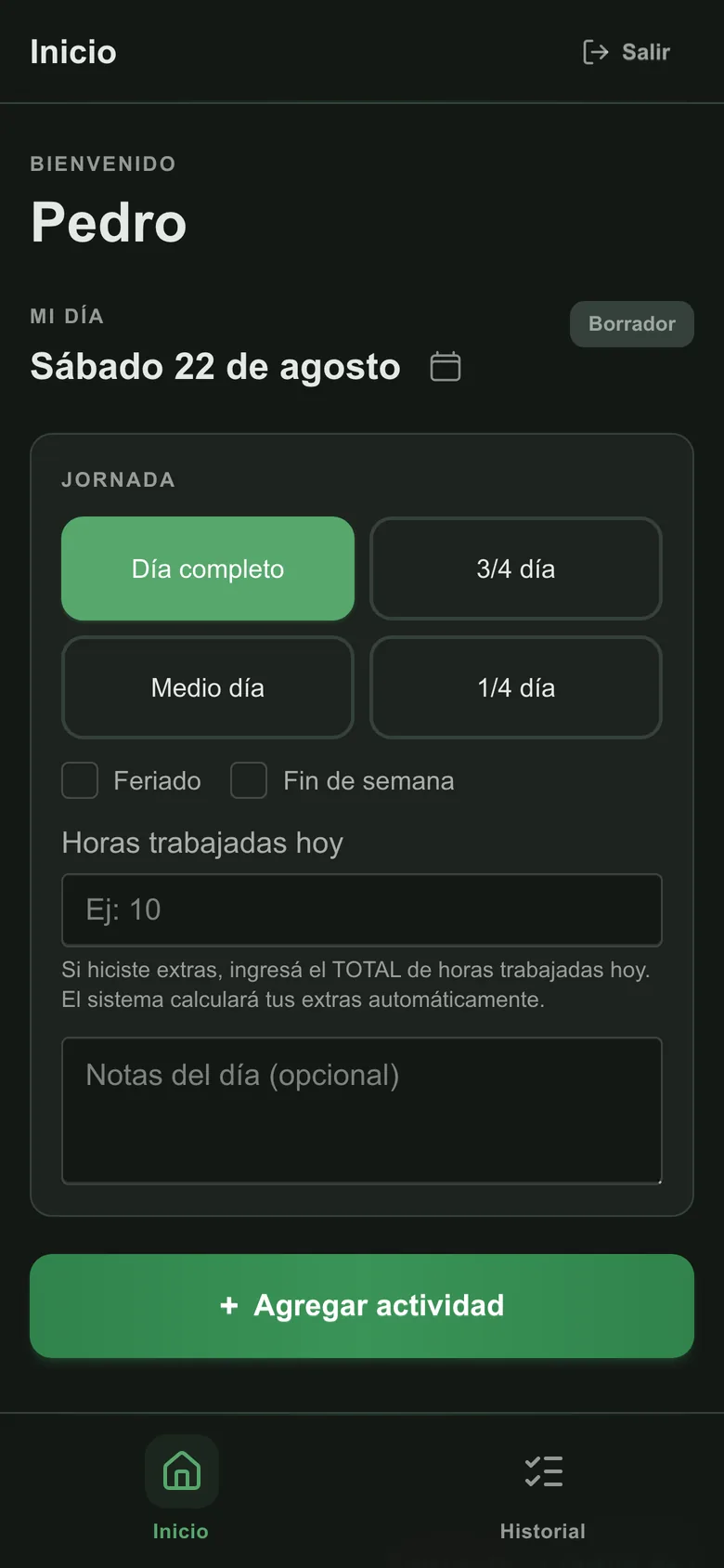 Portal del empleado en el teléfono: el día abierto, con horas trabajadas y el botón de agregar actividad