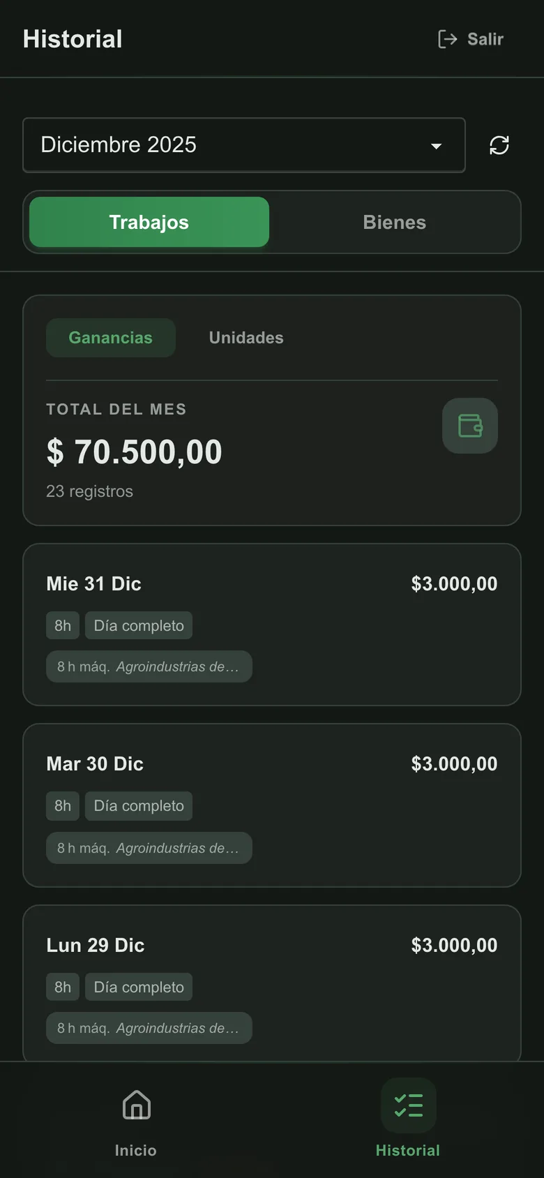 Portal del empleado en el teléfono: el historial del mes con el total ganado y el detalle por día