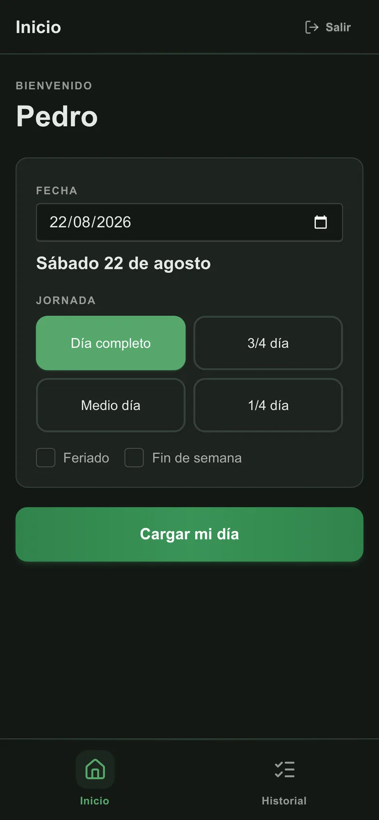 Portal del empleado en el teléfono: elegir la fecha y la jornada para cargar el día